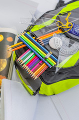School bag, pencils, pens, eraser, school, rulers, books