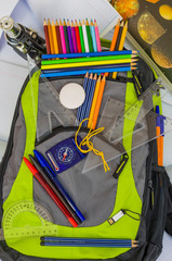 School bag, pencils, pens, eraser, school, rulers, books