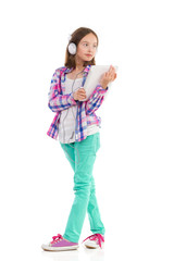 Cheerful girl holding a digital tablet