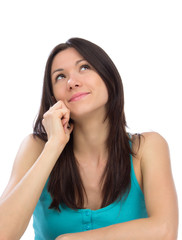 Fototapeta premium woman calling on the mobile cell phone and looking up smilling