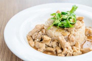 Chicken with brown sauce on rice