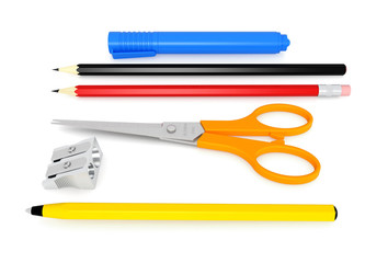 Set of school or office desk items isolated on white background