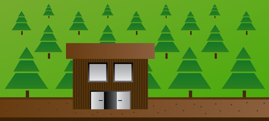 Cartoon illustration of cottage or cabin in the forest