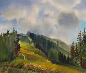 Naklejka premium Mountain landscape painted by watercolor