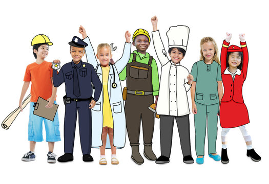 Group of Children Wearing Future Job Uniforms
