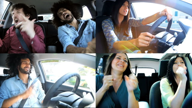 People dancing in car muliscreen split screen