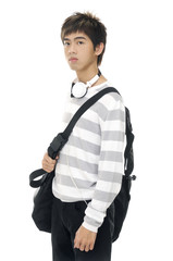 young man standing with handbag-close up