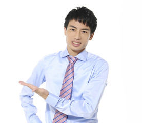 Asian business young man standing with open hand