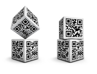 QR code dice with codes for numbers 1 through 6 on sides
