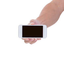 Man hand holding smart phone isolated on white background, clipp