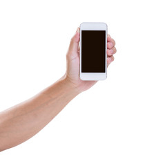 Man hand holding smart phone isolated on white background, clipp
