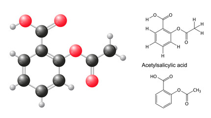 Structural formulas and model of acetylsalicylic acid molecule