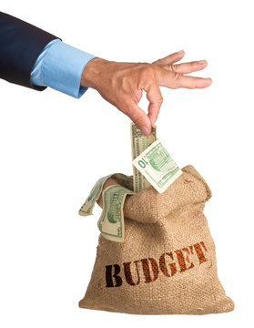 Hand pulls money out of the bag. isolated. eries of images.
