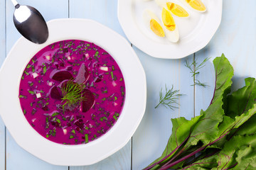 Soup with fresh beets served cold with cream