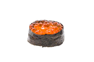 Salmon eggs sushi isolated on white