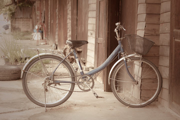 Old bike in front of the wooden wall at home