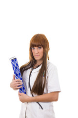 young medical student nurse in uniform on practice taking notes