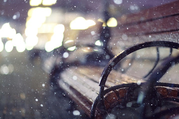 Night snow park bench