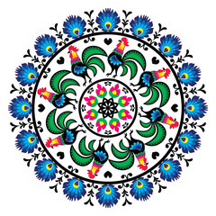 Polish traditional folk art pattern in circle with roosters