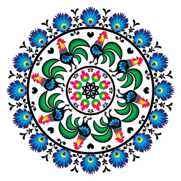 Polish traditional folk art pattern in circle with roosters