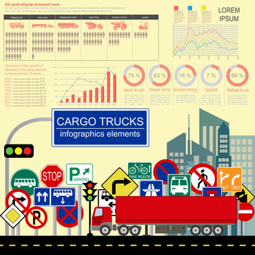 Cargo transportation infographics, trucks, lorry. Elements infog