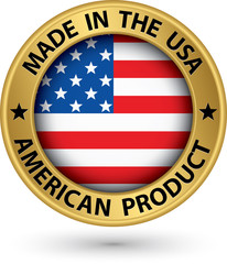Made in the USA american product gold label with flag, vector il