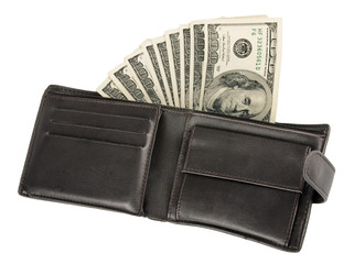 purse with moneys (dollars) isolated on white background