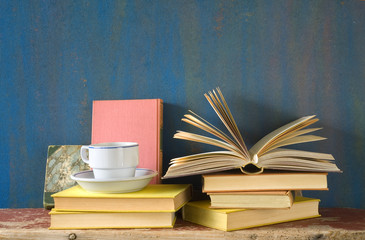 vintage books with a cup of coffee, free copy space