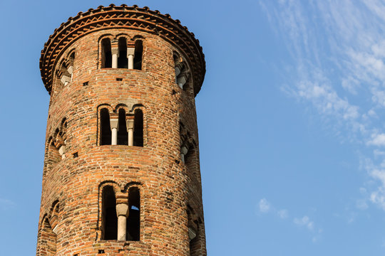 Romanesque cylindrical bell tower of countryside church