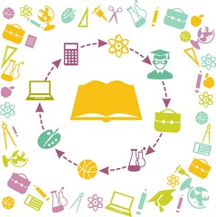 Silhouette of a book with many education icons around