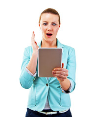 Naklejka premium smiling woman with tablet touching in shock