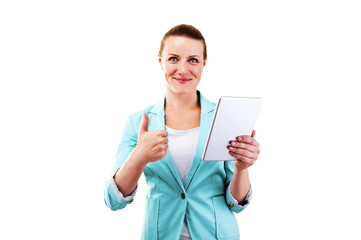 business woman with tablet and thumbs up