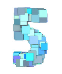 3d multiple blue tiled number five 5 fragmented on white