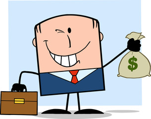 Winking Businessman With Briefcase Holding A Money Bag