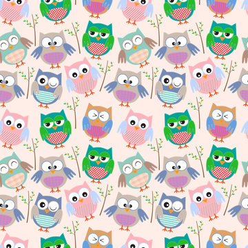 Seamless vector background with colorful funny owls