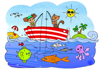 Maze game for little children about fishing,