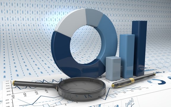 Charts Financial Analysis  with pen and magnifying glass