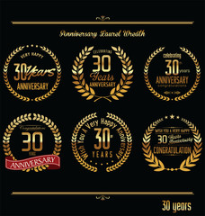 Anniversary laurel wreath retro labels, 30 years