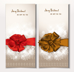 Holiday banners with pattern, snowflakes and silk ribbons