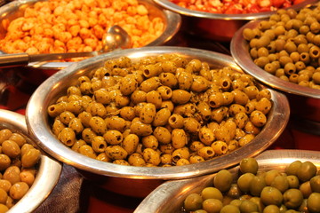Metal Bowls with a Variety of Prepared Olives.