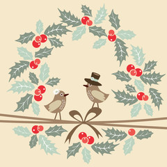 Retro christmas greeting card with birds and holly, vector