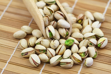 Pistachio nuts with and without shell, close up