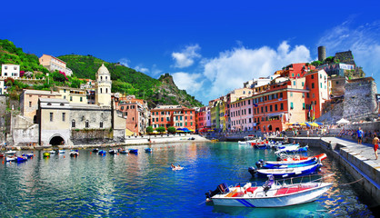 Vernazza Village and Colorful Boats in Harbor. Cinque Terre Italy. Mediterranean Aesthetics. Liguria Coastline Panorama with Picturesque Houses and Sea 7K World Print