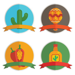 mexican round badges vector cactus maraca chili pepper tequila clipart with copy space ribbons isolated on white