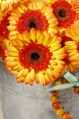 Bouquet of orange gerbera daisies in silver bucket on wooden tab