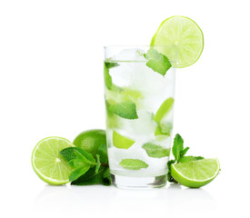 Mojito drink in dewy glass,cold water,ice cubes,mint and limes