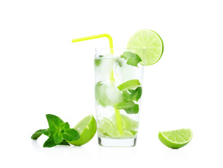 Mojito drink in dewy glass,cold water,ice cubes,mint,straw and l