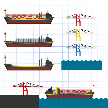 Container Ship with Crane Vector Illustration