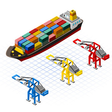 Isometric Ship with Cranes Vector Illustration