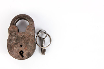 Old padlock and key. Isolated with clipping path